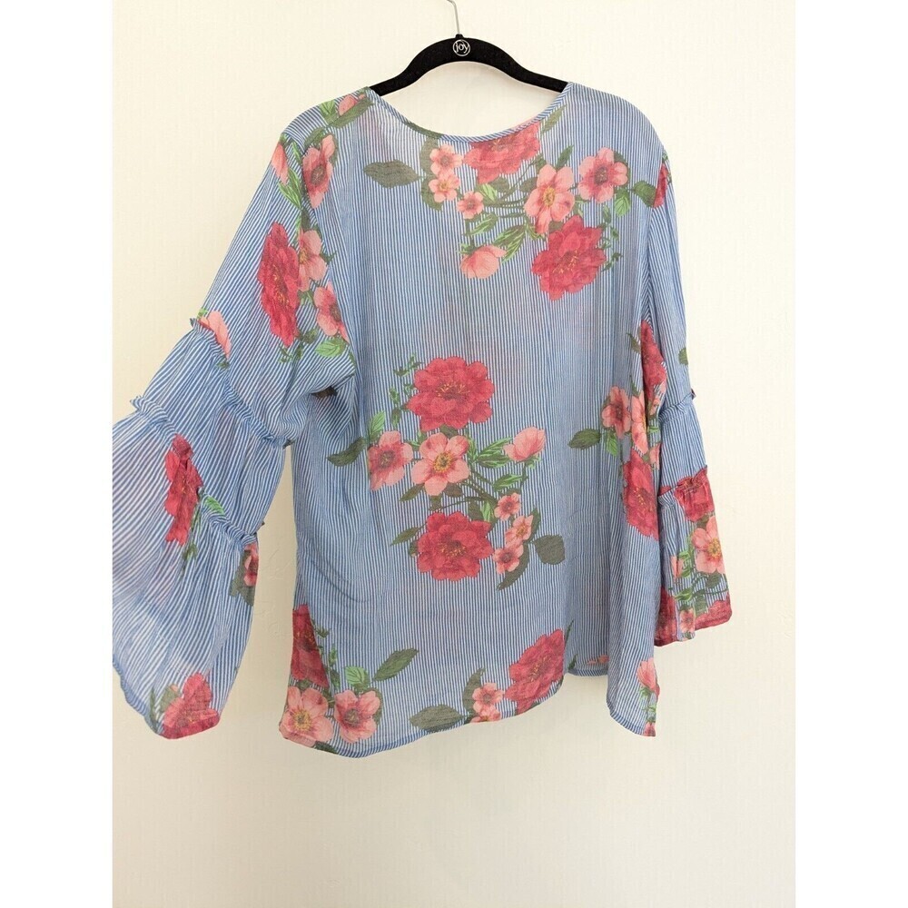 Valerie Stevens Blouse Womens Size L Blue Floral Striped Flowy Boho Hippie Top - Picture 4 of 9